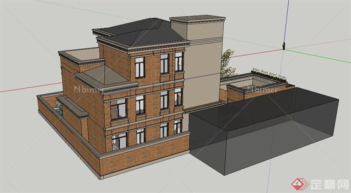 现代某三层别墅建筑设计SU模型与CAD方案图