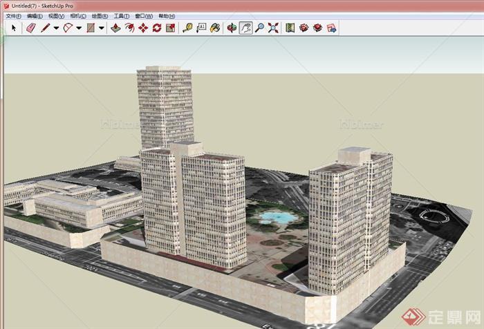 某现代多栋高层联排式办公建筑设计SU模型