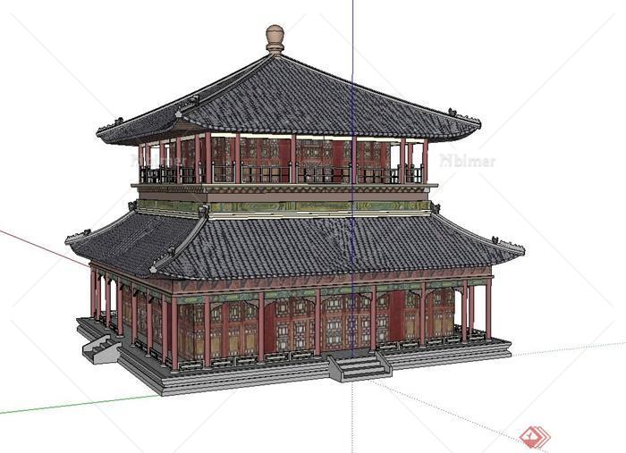 古典中式风格两层宫廷古建筑楼设计su模型[原创]