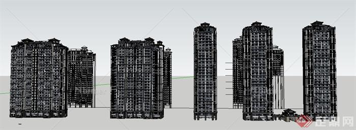 四栋中式风格高层住宅楼建筑设计su模型[原创]