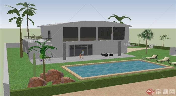 某小型别墅建筑设计SU模型（含泳池）