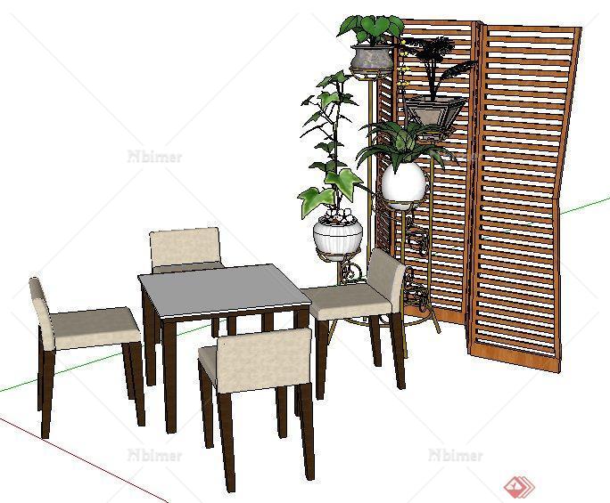 现代风格餐桌椅及植物架su模型