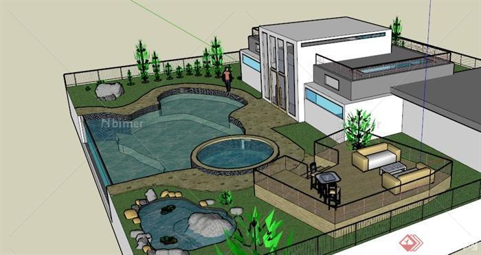 某现代别墅带泳池庭院景观设计SU模型