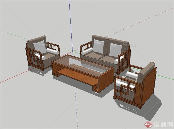 某现代中式沙发茶几家具设计su模型[原创]