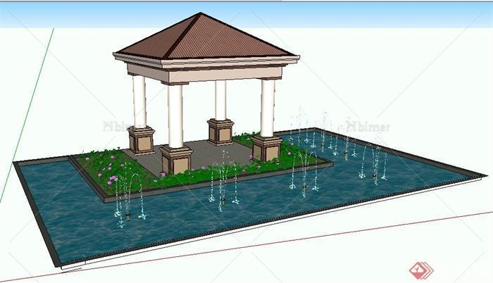 现代风格休闲凉亭及喷泉水池su模型