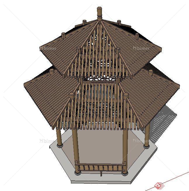 木质六角重檐亭设计SU模型