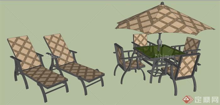 现代风格桌椅、遮阳伞、躺椅su模型