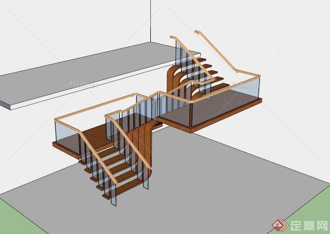 现代室内玻璃围栏木楼梯设计SU模型[原创]