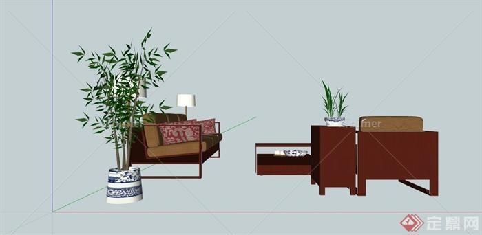 现代中式沙发茶几组合SU模型