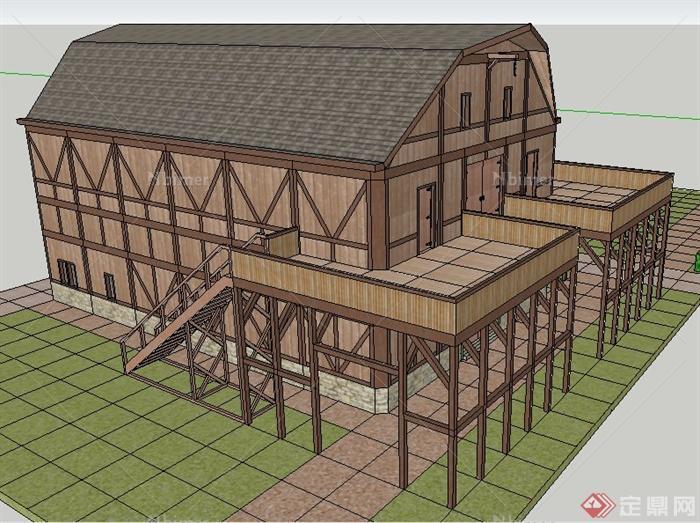 某木制多层仓库建筑设计su模型