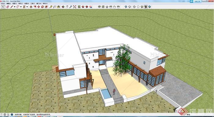 某现代中式庭院建筑居住建筑设计SU模型素材