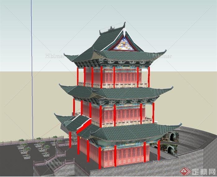 古典中式三层阁楼建筑设计SU模型