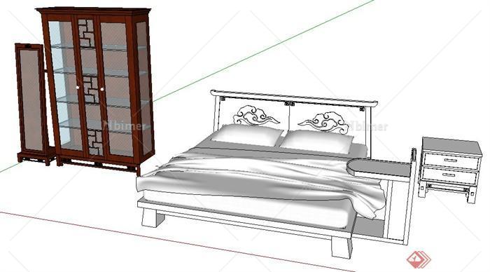 中式风格床、床头柜、衣柜、穿衣镜su模型