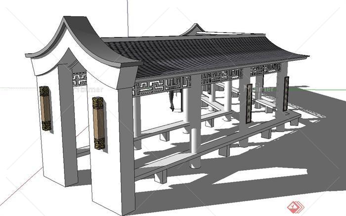 现代中式转角长廊架设计SU模型