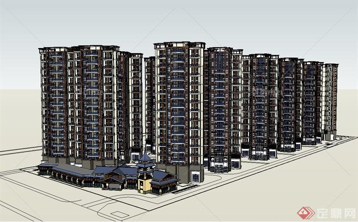 新古典风格住宅小区楼群及大门设计su模型