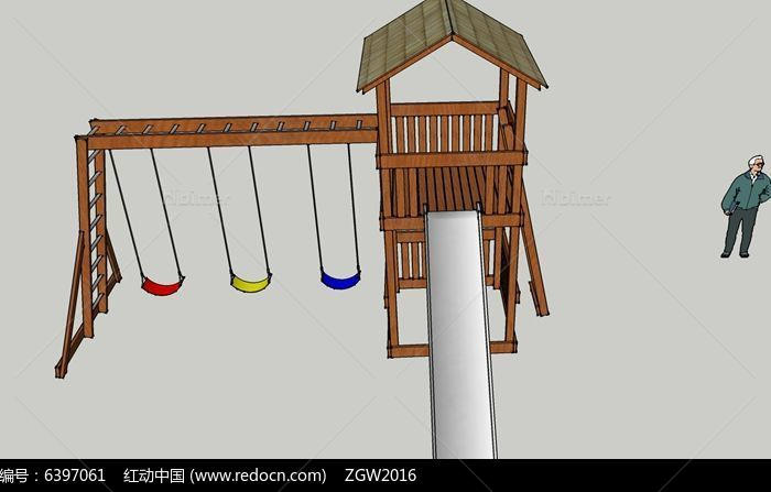 中式木质儿童滑梯模型