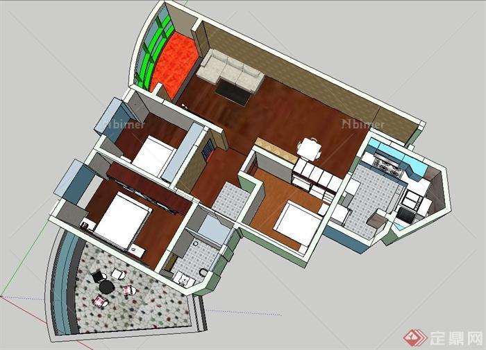 三室一廳住宅裝飾設計su模型