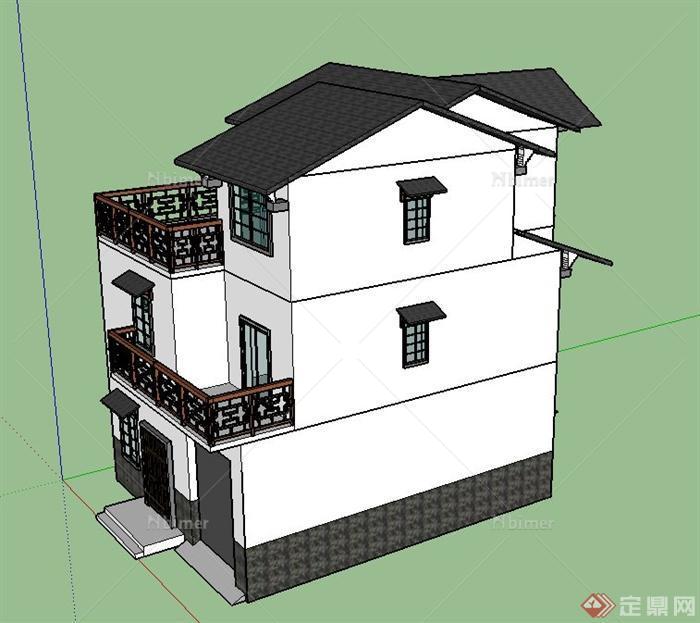 某三层瓦屋顶带阳台住宅建筑设计SU模型
