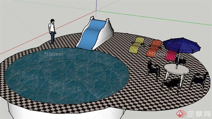 设计素材之游泳池、遮阳伞、躺椅设计素材su模型