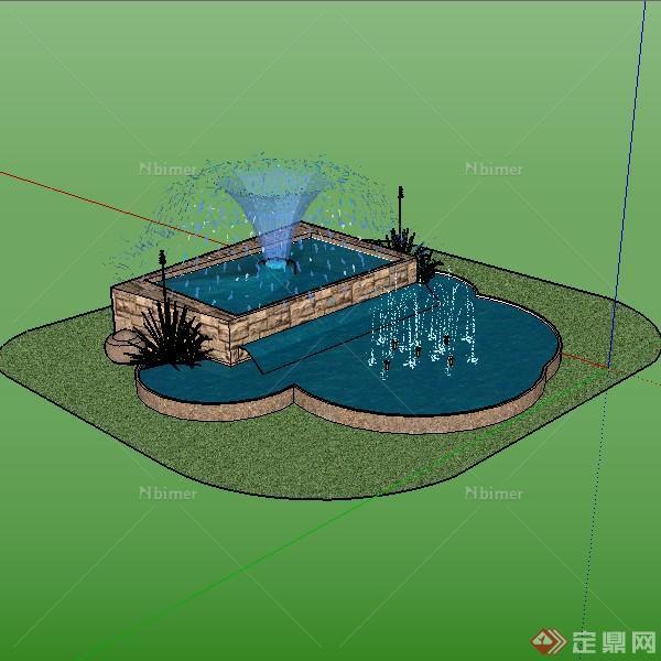 某欧式园林景观水景喷水池跌水设计SU模型素材