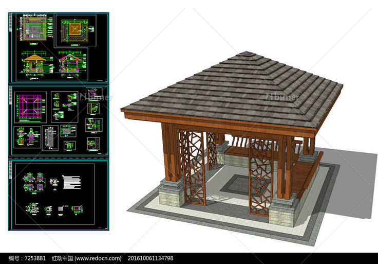 sketchup景亭模型  附带cad施工图图纸