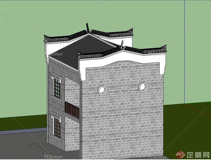 某古典中式两层瓦屋顶住宅建筑设计SU模型