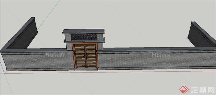 中式建筑节点门与围墙设计SU模型