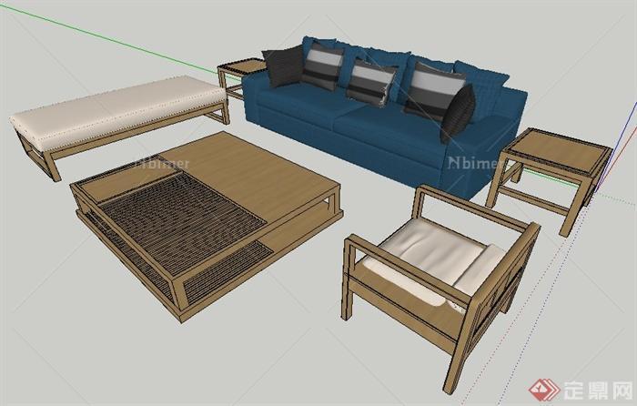 现代新中式沙发茶几su模型