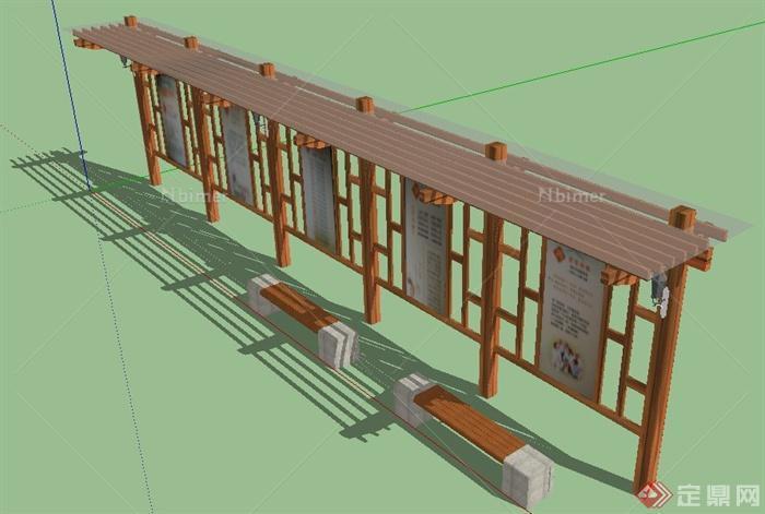 现代风格单边廊架宣传栏su模型
