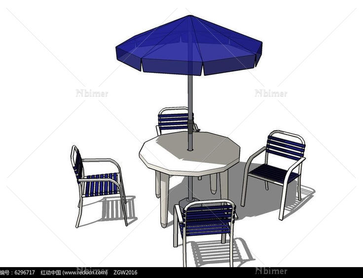 蓝色伞面桌椅成套金属遮阳伞su模型
