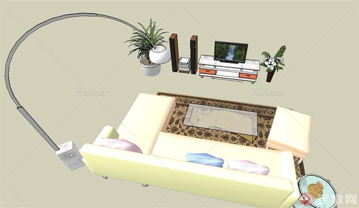 现代室内暖色调客厅家具设计SU模型