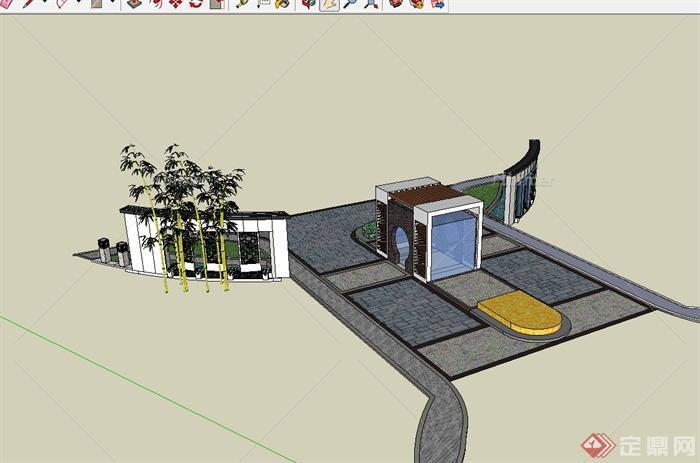现代中式风格次入口大门设计su模型[原创]