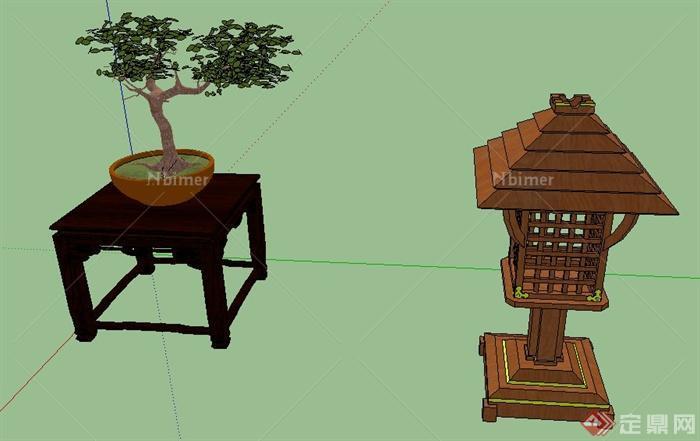 中式风格庭院灯龛、盆景su模型