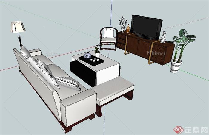 现代中式室内沙发、茶几组合设计SU模型