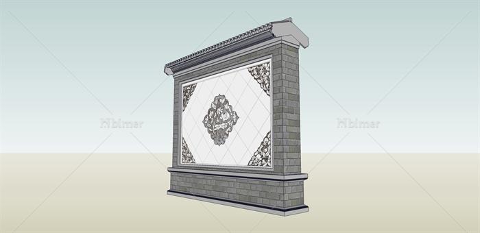 现代中式风格详细精致中式影壁墙设计su模型[原创