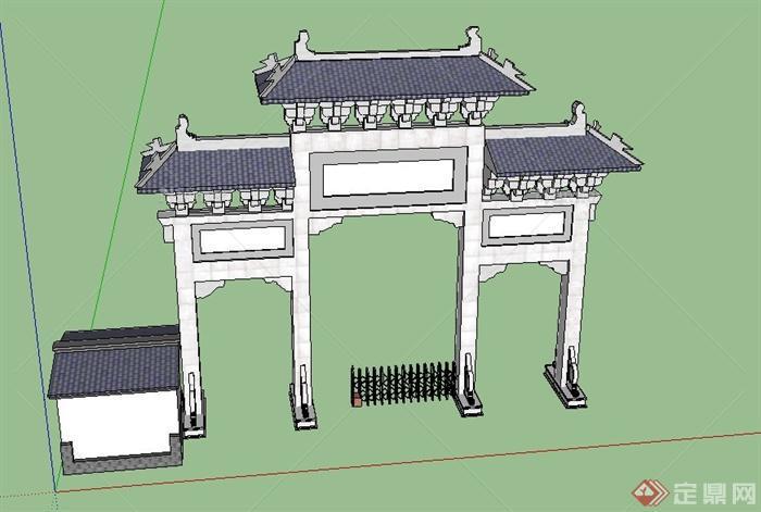 古典中式牌坊门廊与门卫室设计SU模型