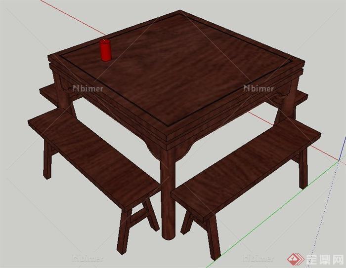 中式风格方形餐桌凳su模型