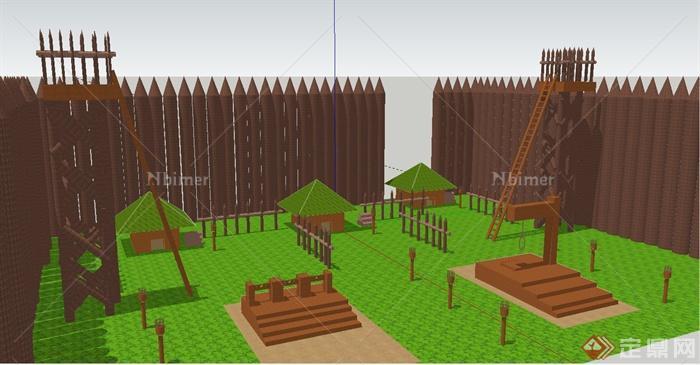某乡村村落建筑与围墙设计SU模型