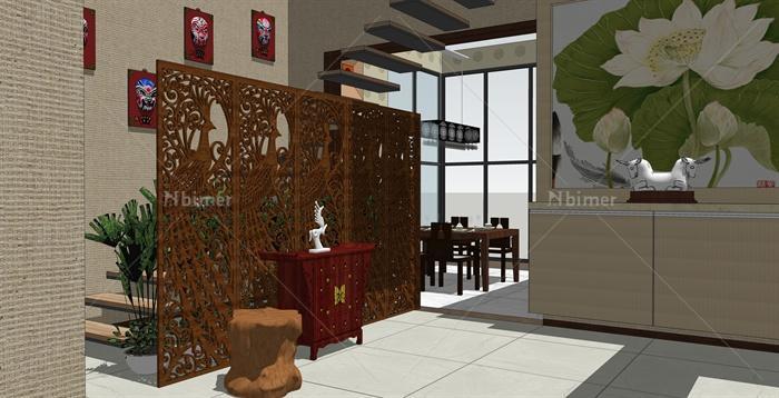 现代中式复式家装客餐厅室内设计su模型[原创]