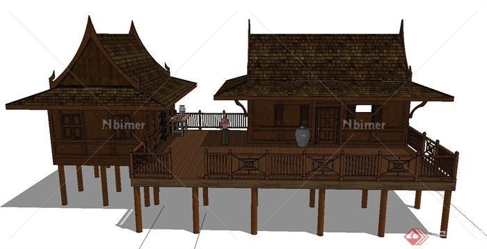 东南亚两栋单层高脚住宅建筑设计SU模型