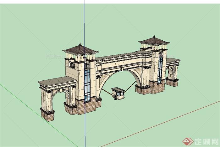 某欧式风格详细居住小区大门设计su模型[原创]