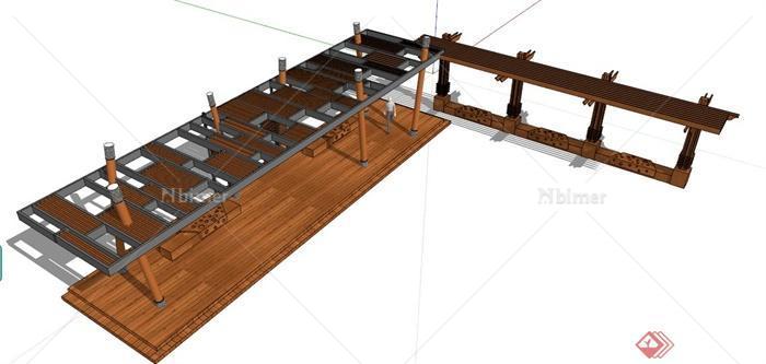 现代中式转角木制廊架设计su模型