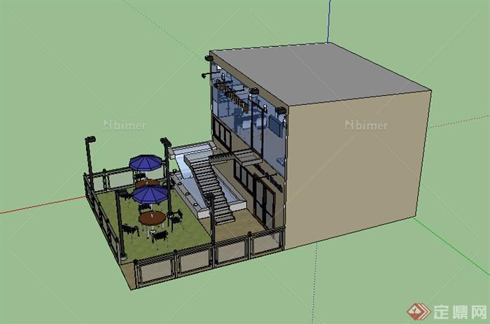 现代风格小型办公建筑带庭院设计su模型