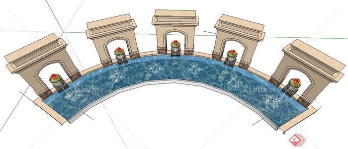 新古典弧形喷泉水景su模型