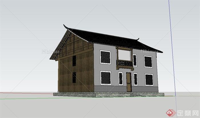 古典中式两层住宅楼瓦房建筑设计su模型