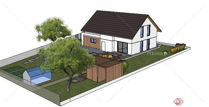 某现代风格农村民居住宅带庭院建筑设计SU模型