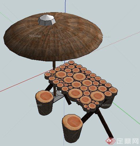 木制桌凳及遮阳伞su模型