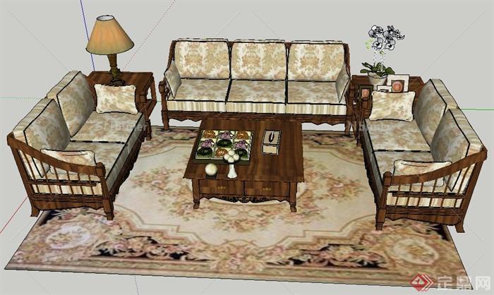 某室内木质沙发、茶几组合设计SU模型