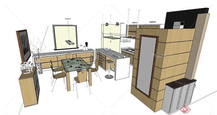 现代住宅空间厨房与客厅设计SU模型