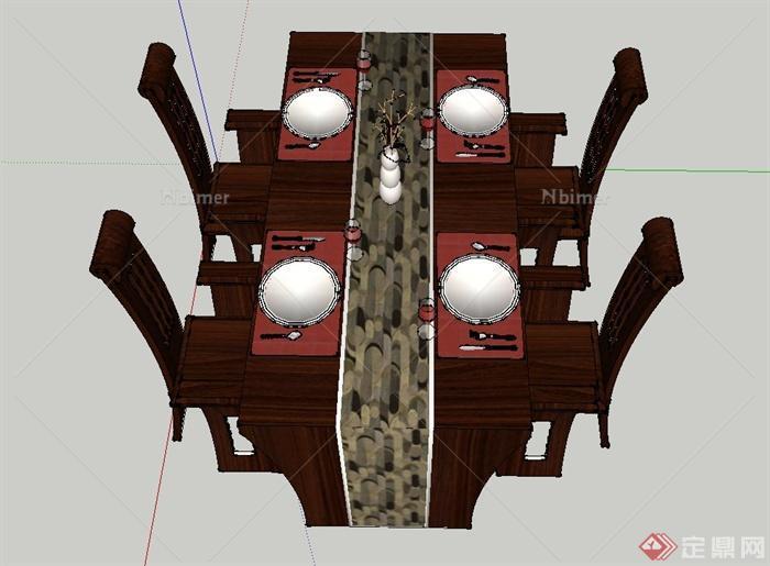 一套四人木质餐桌具设计SU模型